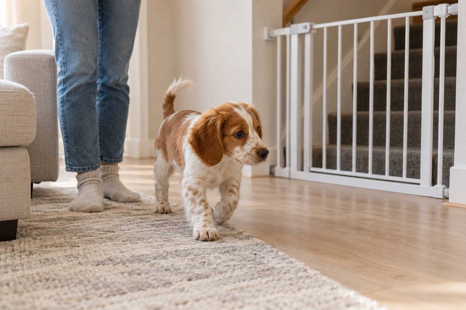 Cachorro explorando una zona despejada, con cables protegidos y una barrera instalada en la entrada a las escaleras.