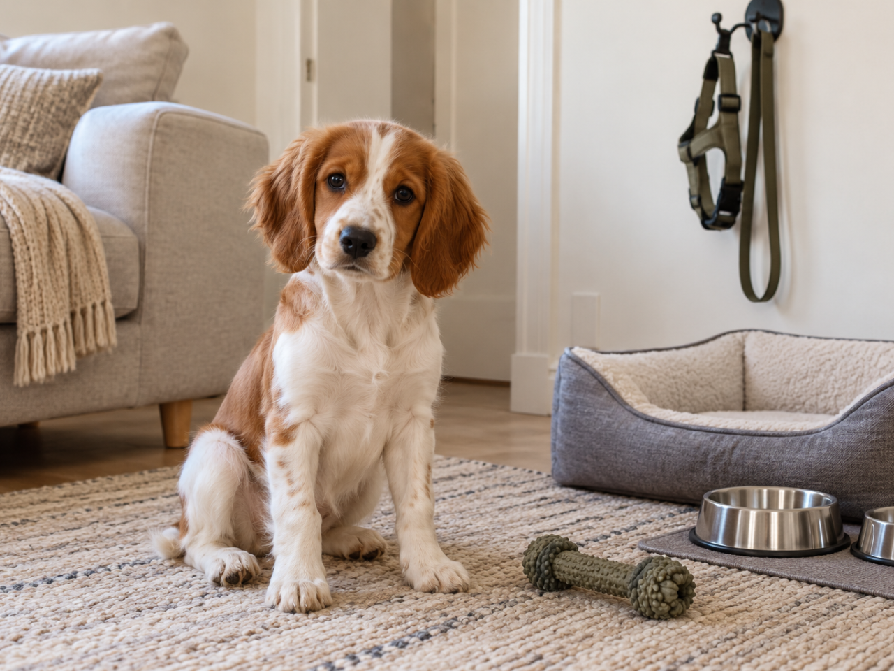 Cachorro naranja y blanco junto a una cama lavable, recipientes estables y un juguete sencillo.