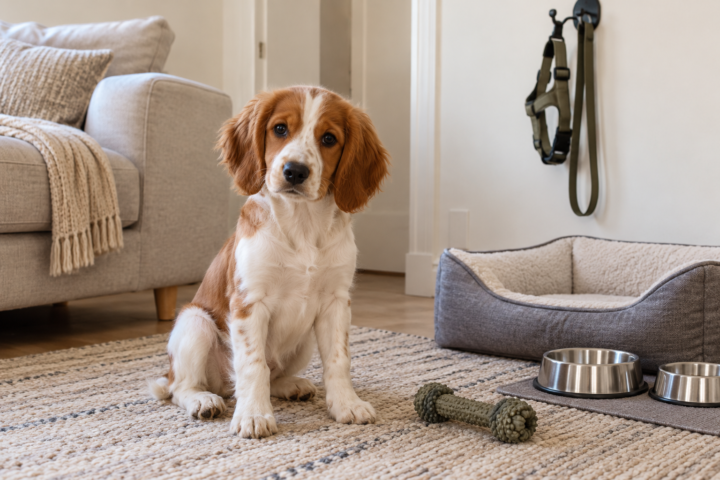 Cachorro naranja y blanco junto a una cama lavable, recipientes estables y un juguete sencillo.