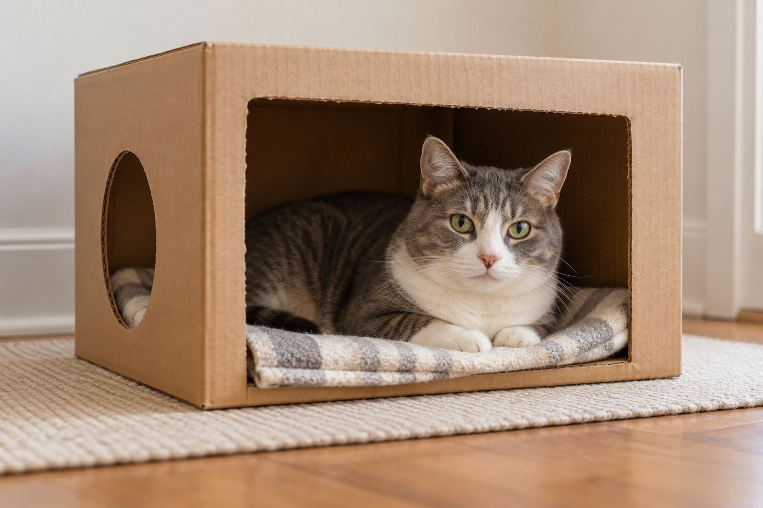 Gato gris y blanco descansando dentro de una caja de cartón abierta sobre una manta.