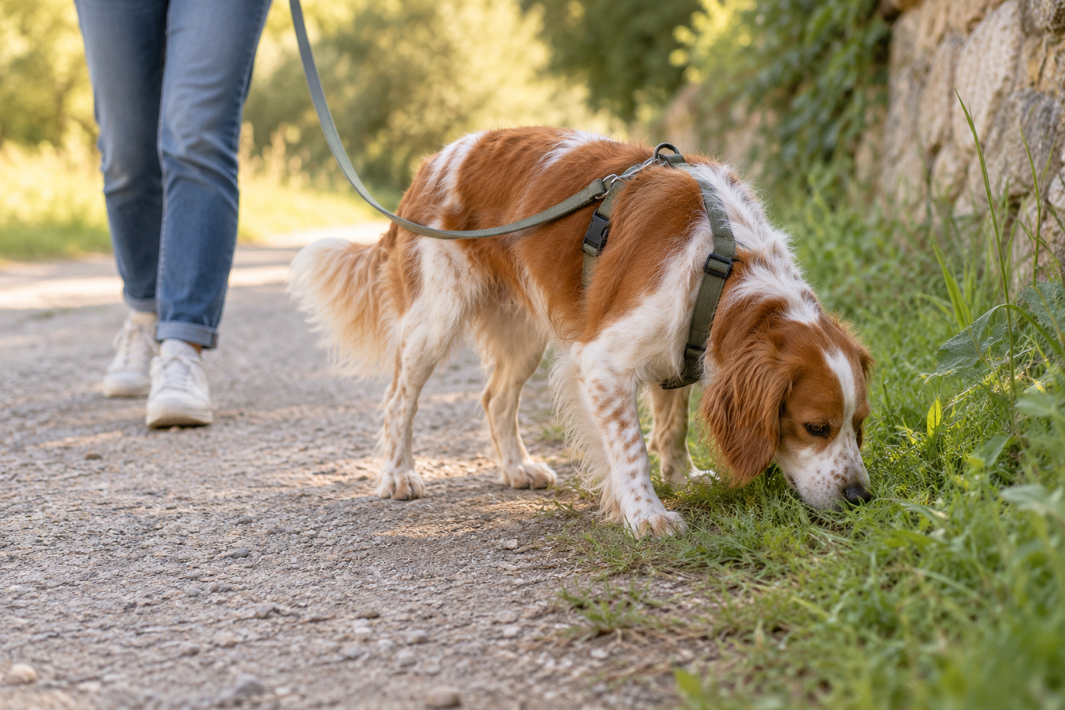 Perro naranja y blanco con arnés y correa floja olfateando junto a un sendero tranquilo.