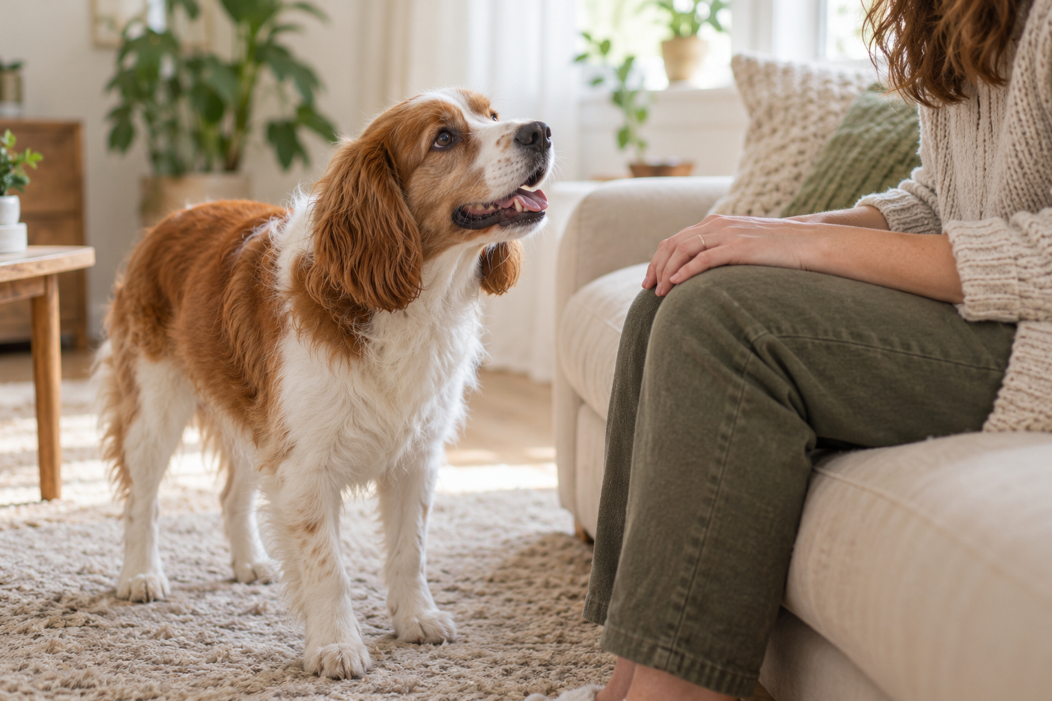 Perro adulto que se acerca a una persona sentada de lado, con espacio libre para retirarse.