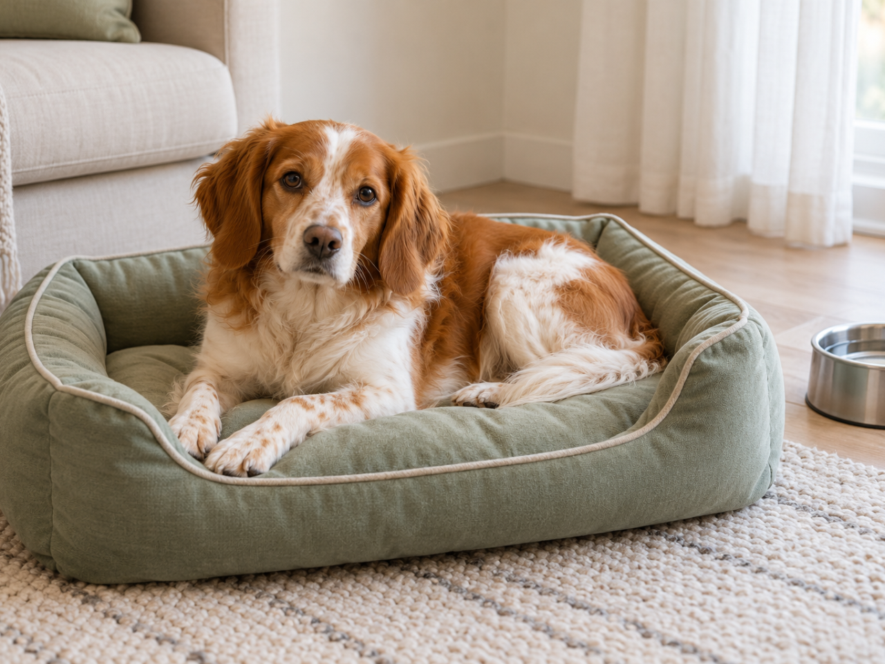 Perro adulto de pelo naranja y blanco descansando en una cama verde en un rincón tranquilo de la casa.