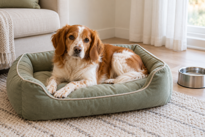 Perro adulto de pelo naranja y blanco descansando en una cama verde en un rincón tranquilo de la casa.