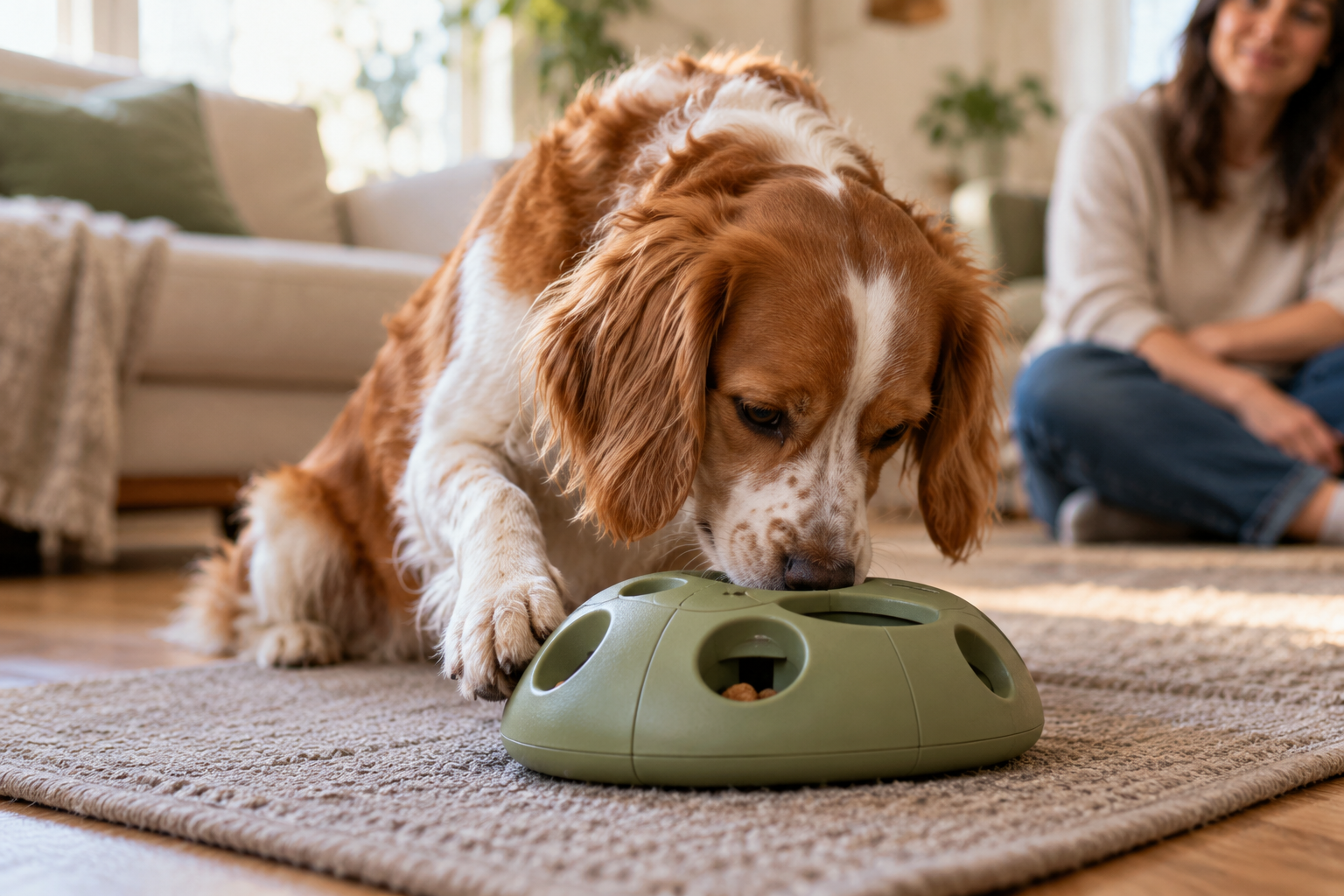 Perro explorando un juguete resistente de alimentación sobre su alfombra, con supervisión al fondo.