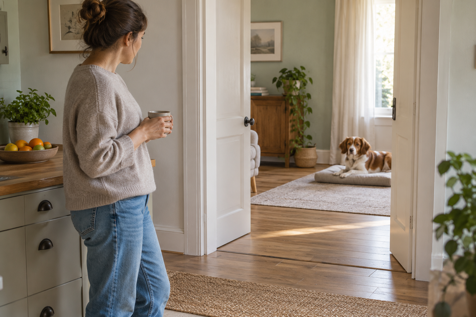 Persona en una habitación y perro descansando a poca distancia, con la puerta interior abierta.