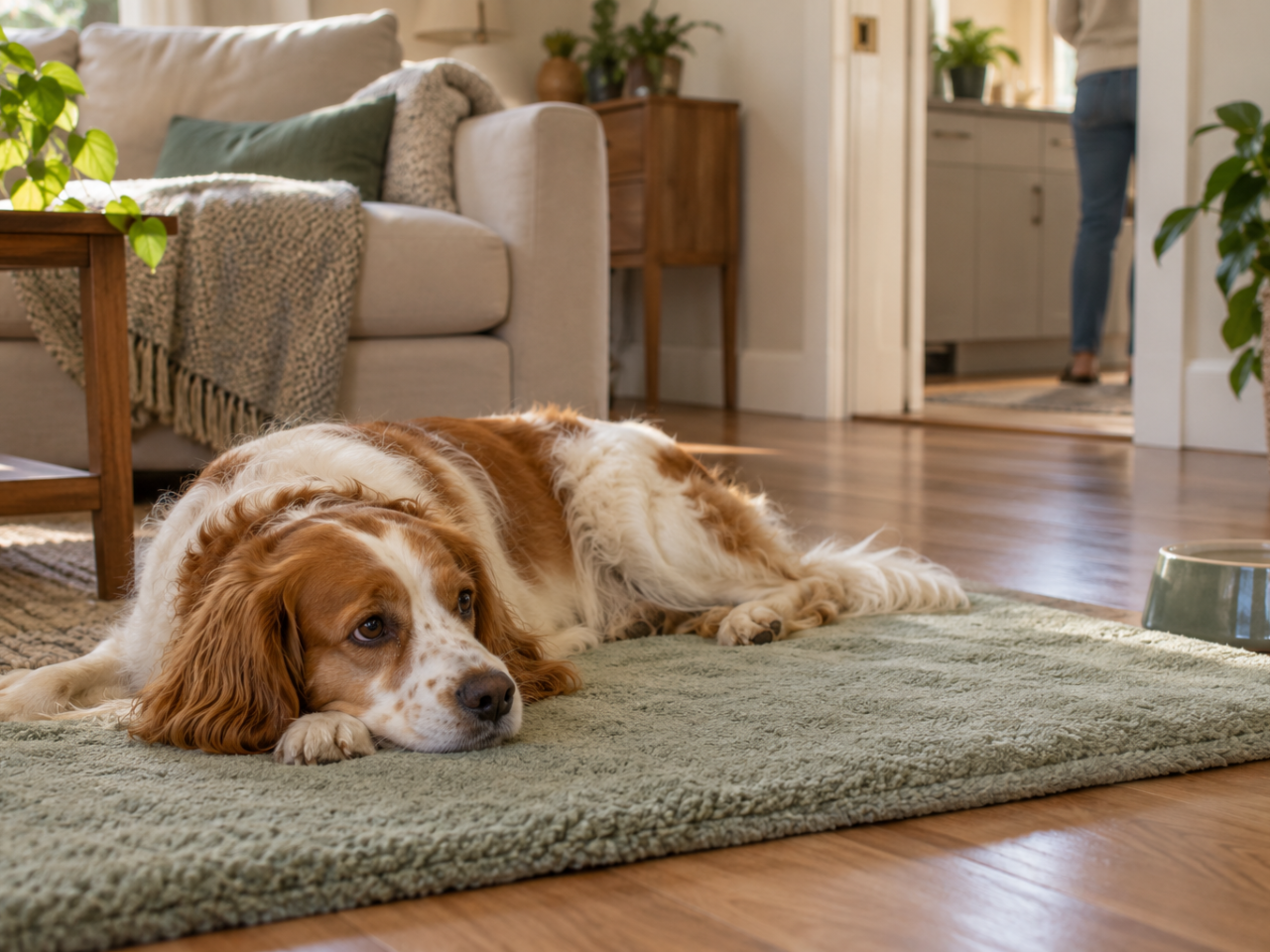 Perro descansando sobre una alfombra mientras una persona permanece en una habitación contigua.