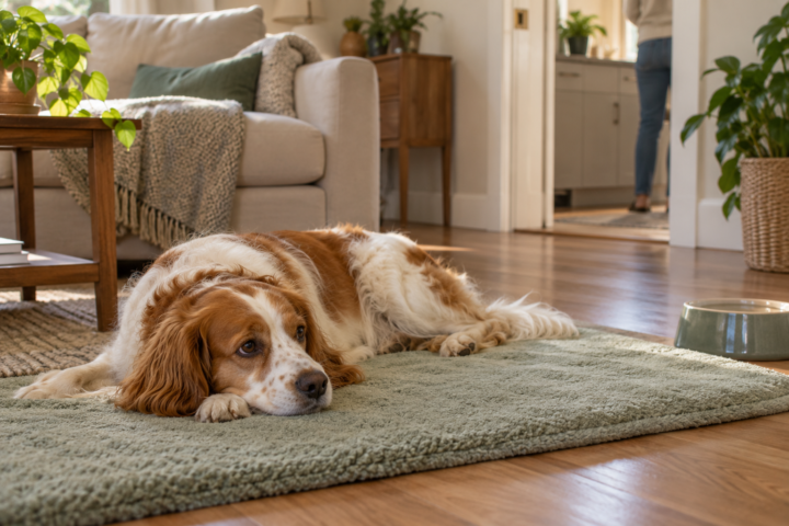 Perro descansando sobre una alfombra mientras una persona permanece en una habitación contigua.